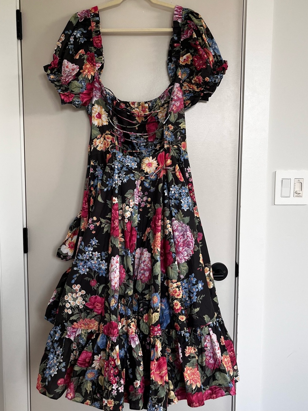Selkie Black Floral Puff-Sleeve Gown with Colorful Blooms - Picture 5 of 8